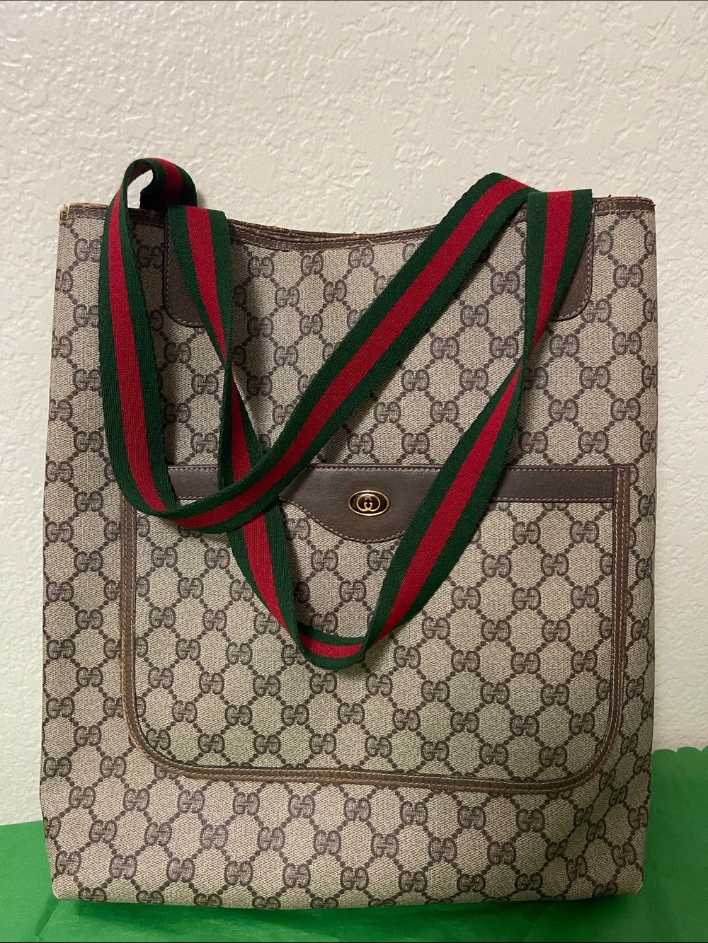 Gucci Beige/Brown Monogram Canvas Tote with Green and Red Web Straps